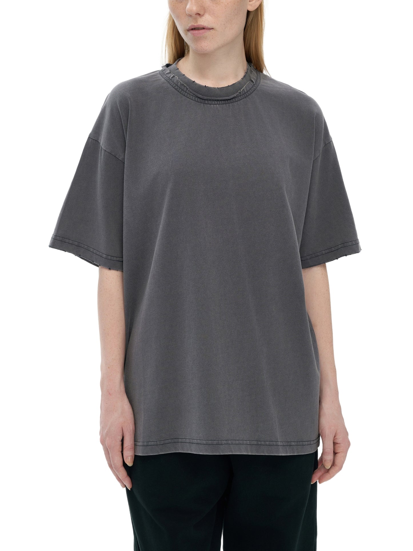 Double Neckline Scattered Edge Frayed Vintage Washed T-Shirt
