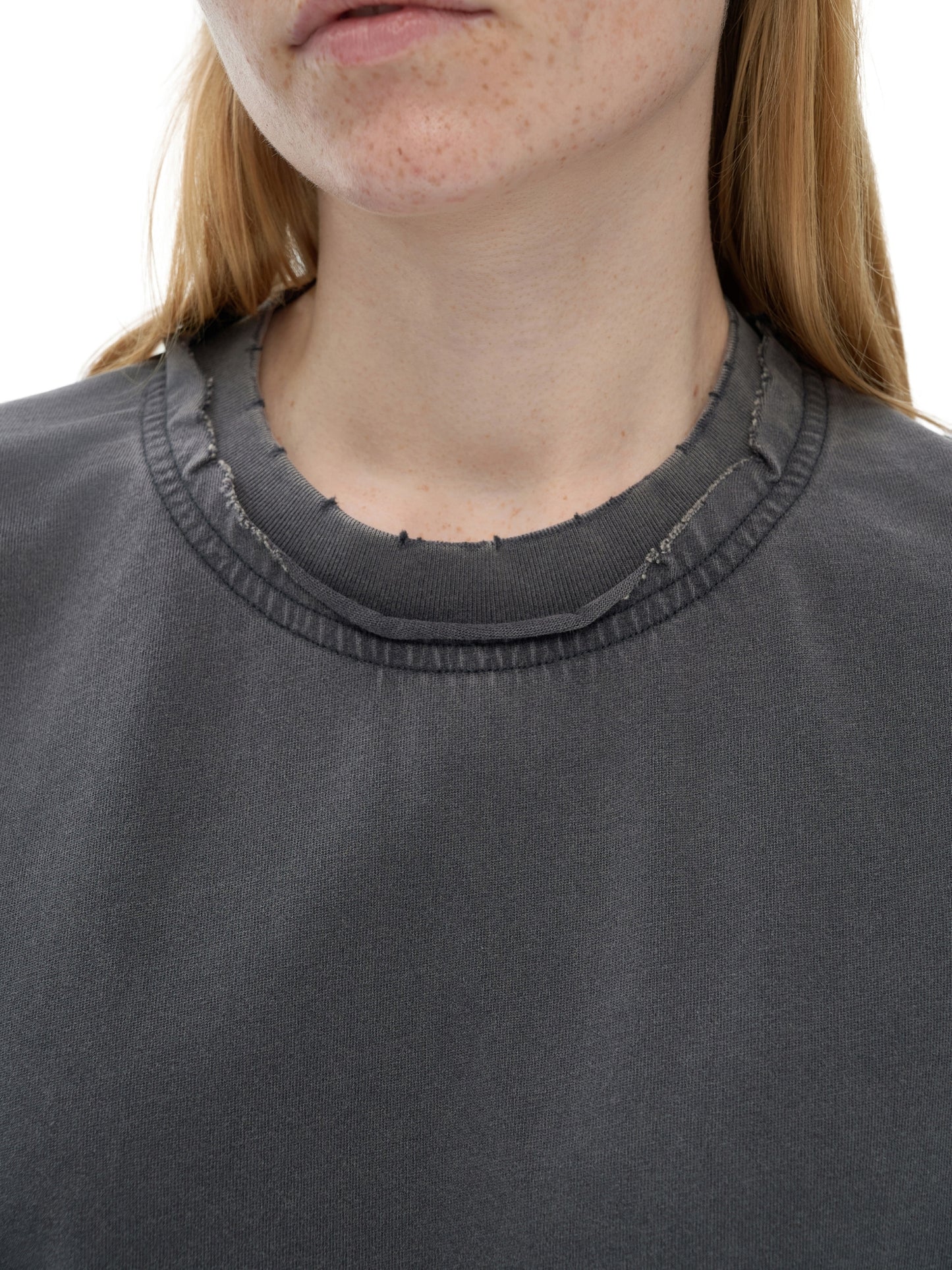 Double Neckline Scattered Edge Frayed Vintage Washed T-Shirt