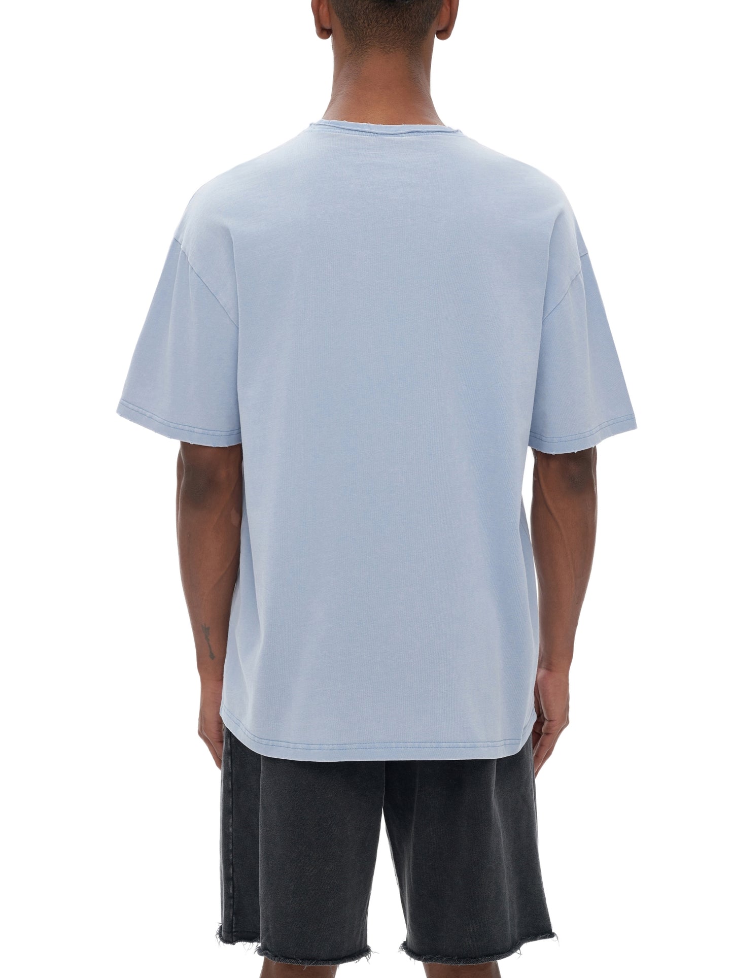 Double Neckline Scattered Edge Frayed Vintage Washed T-Shirt