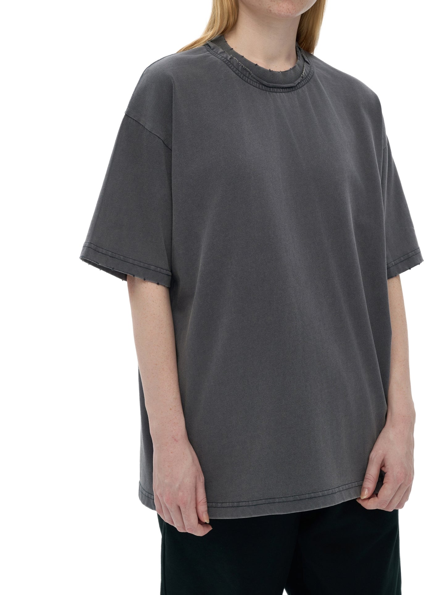 Double Neckline Scattered Edge Frayed Vintage Washed T-Shirt