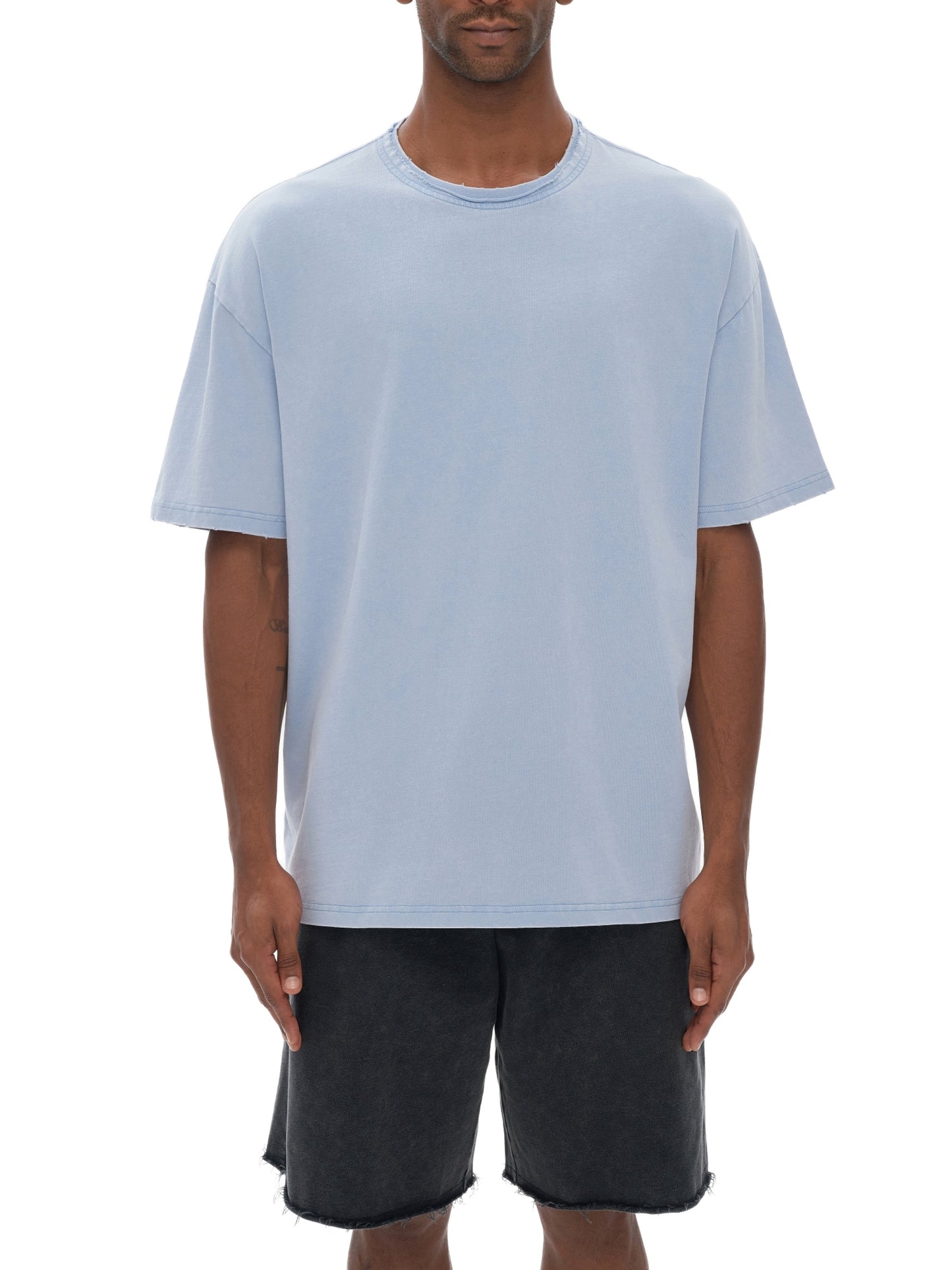 Double Neckline Scattered Edge Frayed Vintage Washed T-Shirt