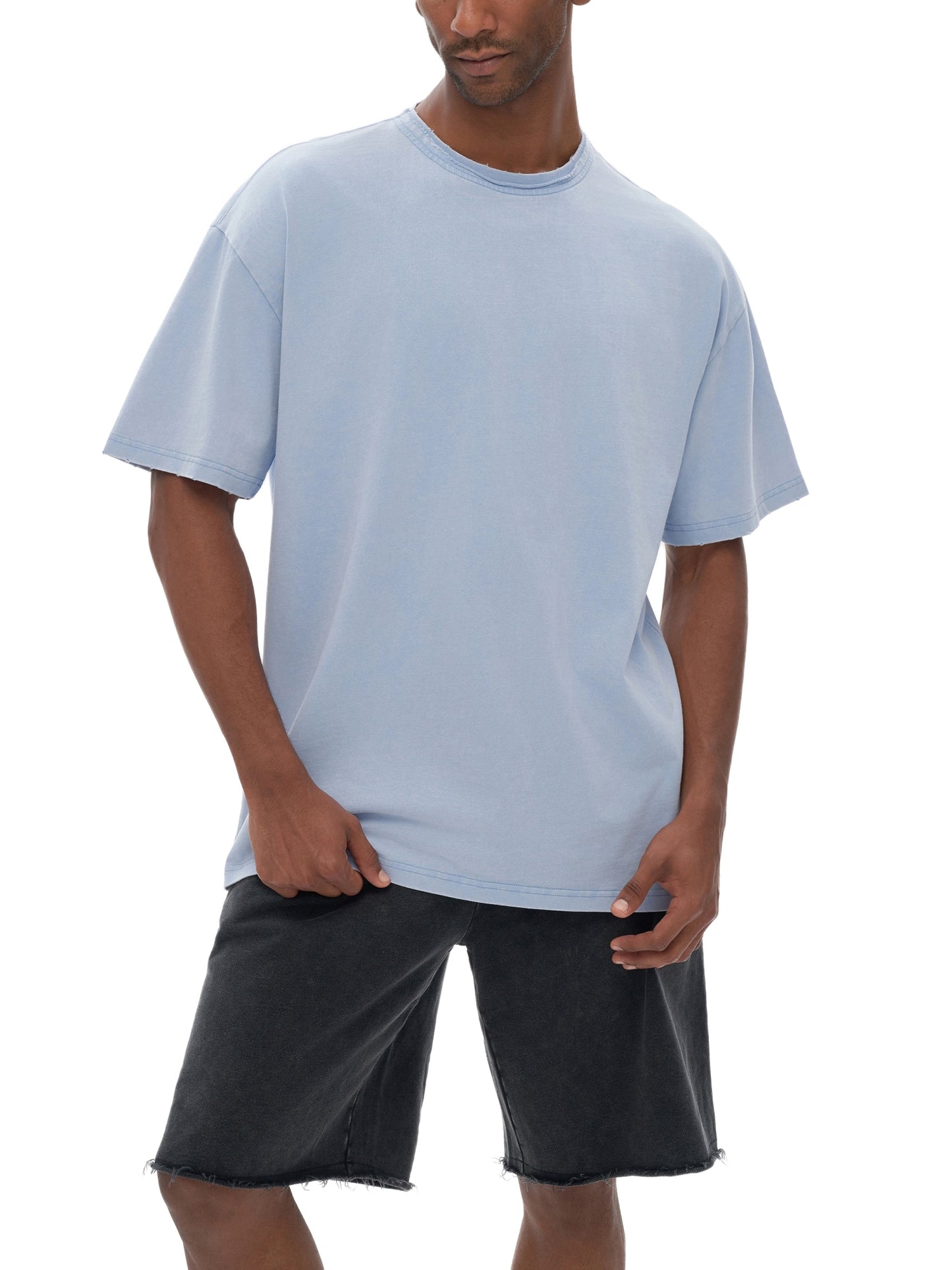 Double Neckline Scattered Edge Frayed Vintage Washed T-Shirt