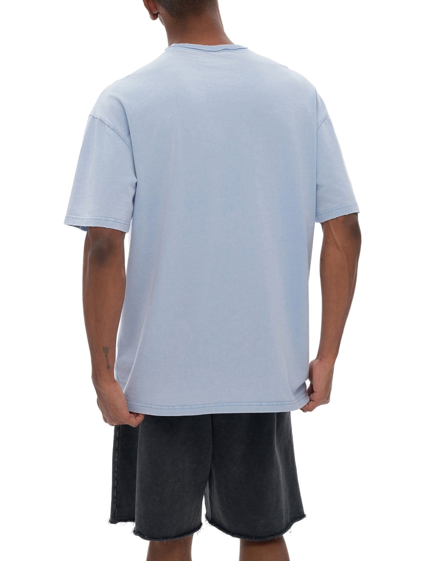 Double Neckline Scattered Edge Frayed Vintage Washed T-Shirt